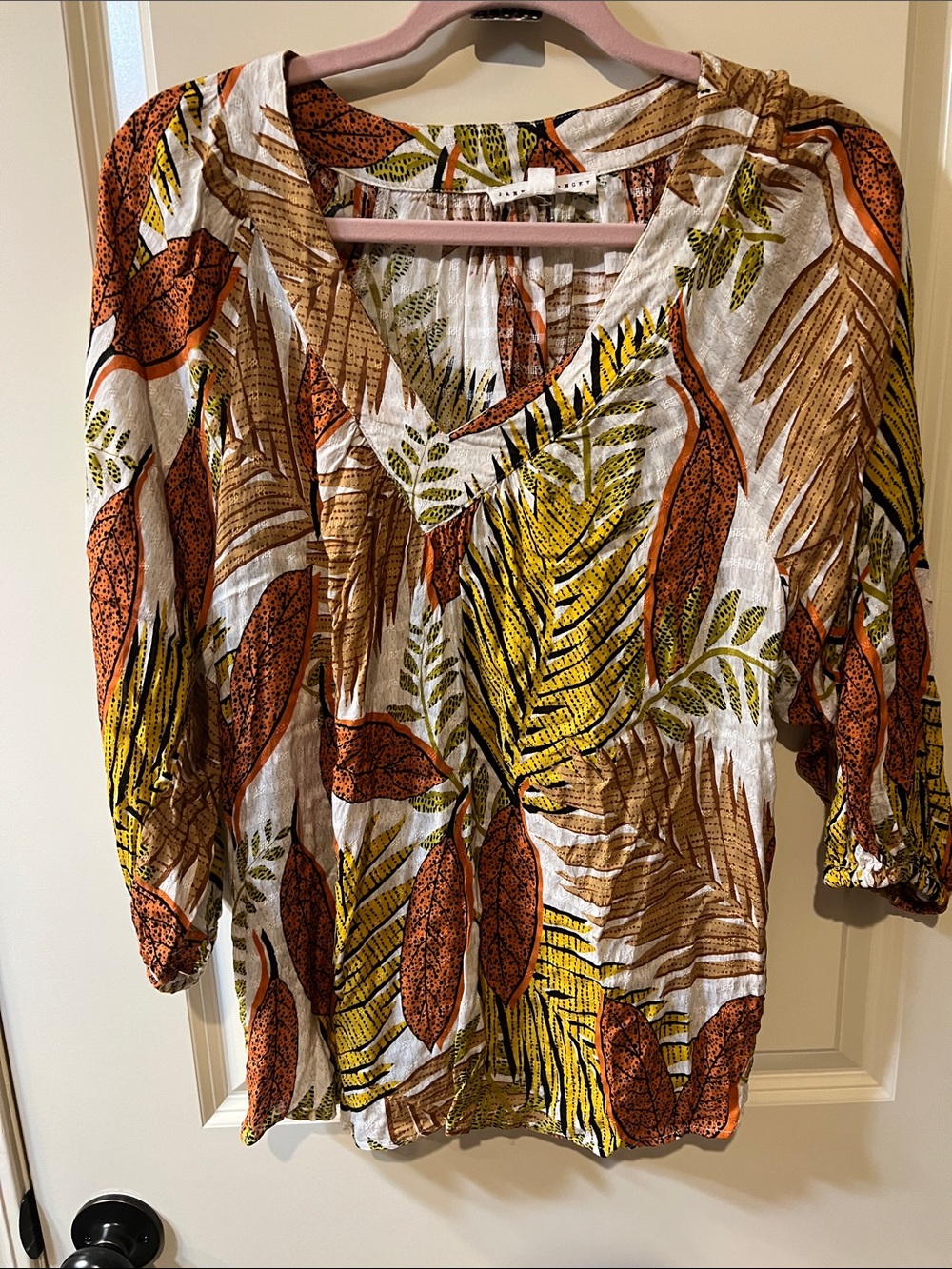 Jane and Delancey Tropical Leaf V-Neck Tunic in White, Yellow, Brown H091